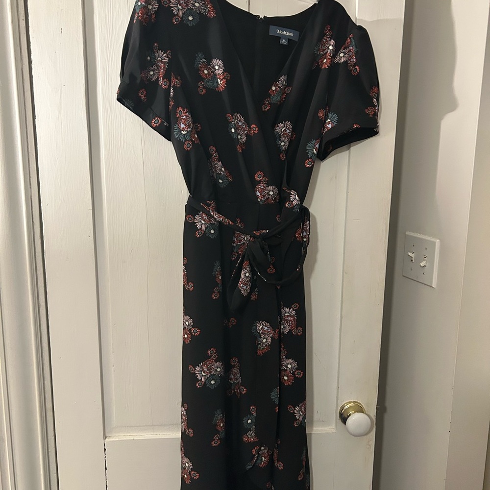 ModCloth Black Midi Dress with Rust and Teal Floral Print